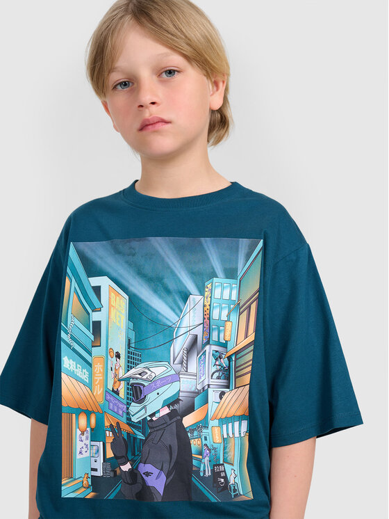 4F 4F T-Shirt CITY LINES Tyrkysová Oversize
