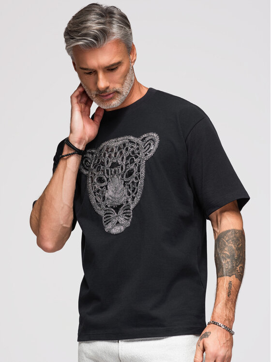 Ombre Ombre T-Shirt OM-TSCT-0278 Czarny Loose Fit