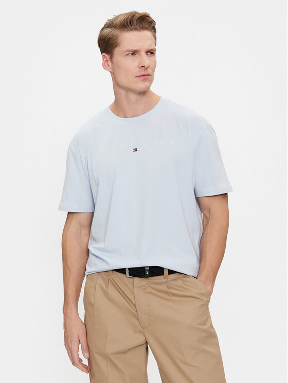 Tommy Jeans Tricou Linear Logo DM0DM17993 Albastru celest Regular Fit
