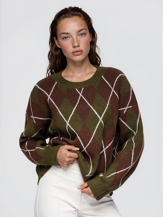 Ombre Ombre Svetr OW-SW-E0055 Khaki Relaxed Fit