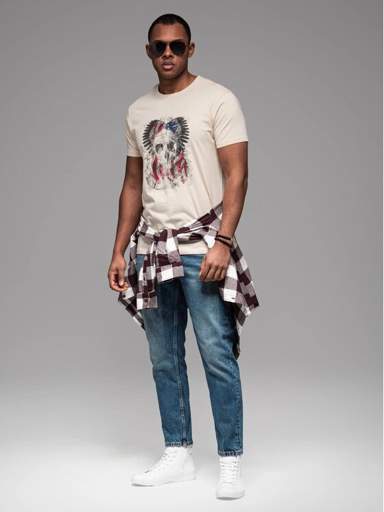 Ombre Ombre T-Shirt OM-TSPT-0199 Beżowy Regular Fit