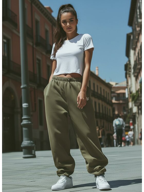 Jigga Wear Jigga Wear Spodnie dresowe Szerokie Luźne Baggy Damskie Khaki Jigga Haftowane Logo Drawcord XL Zielony Regular Fit