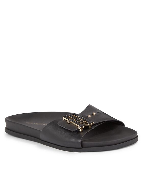 Tommy Hilfiger Tommy Hilfiger Pantoletten Th Hardware Leather Flat Sandal FW0FW07940 Schwarz