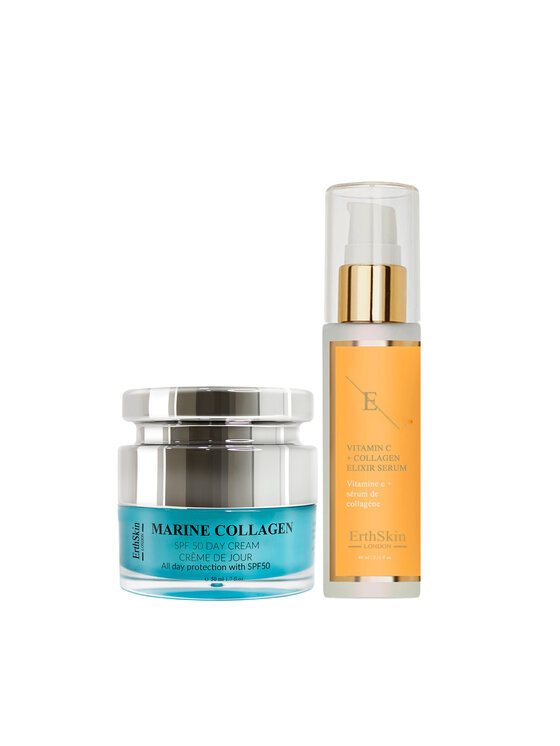 Krem na dzień i na noc Erthskin London, Kolagen Morski SPF50 Krem na Dzień 50ml +WITAMINA C + SERUM KOLAGEN-ELIXIR 60ML