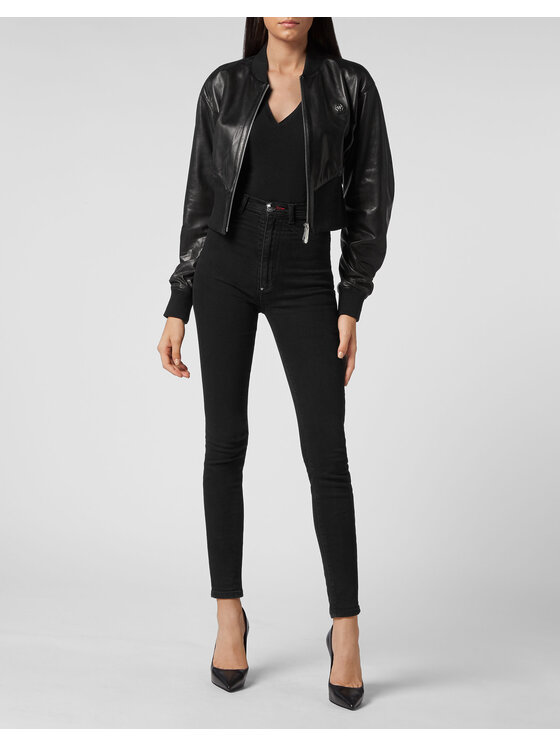 PHILIPP PLEIN PHILIPP PLEIN Kožená bunda 3089 Čierna Slim Fit