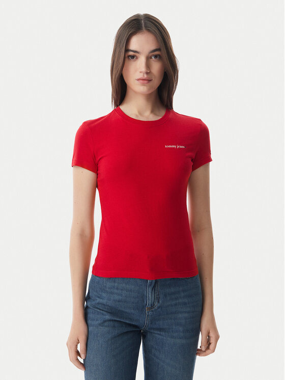 Tommy Jeans Póló Ess Logo DW0DW23479 Sötétvörös Slim Fit
