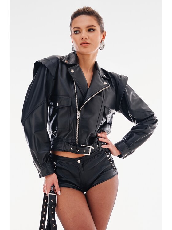 Mimika Mimika Kurtka skórzana Enit Ramoneska w stylu lat 80’s Czarny Relaxed Fit
