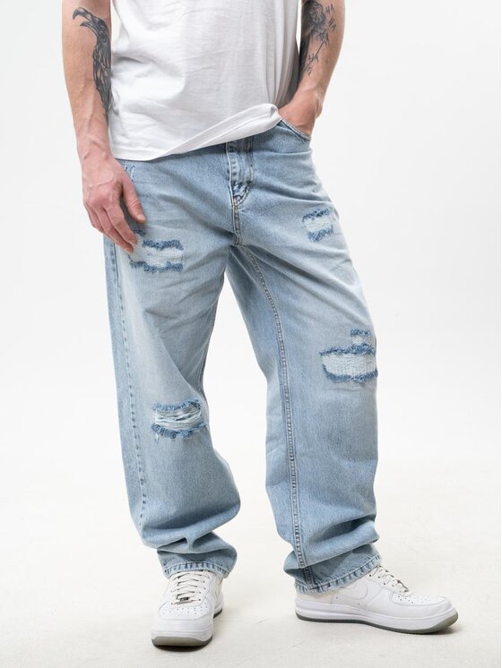 Jigga Wear Jigga Wear Jeansy Spodnie Jeansowe Baggy Z Uszkodzeniami Męskie Jasne Niebieskie Jigga Wear Crown XXL Niebieski Baggy Fit
