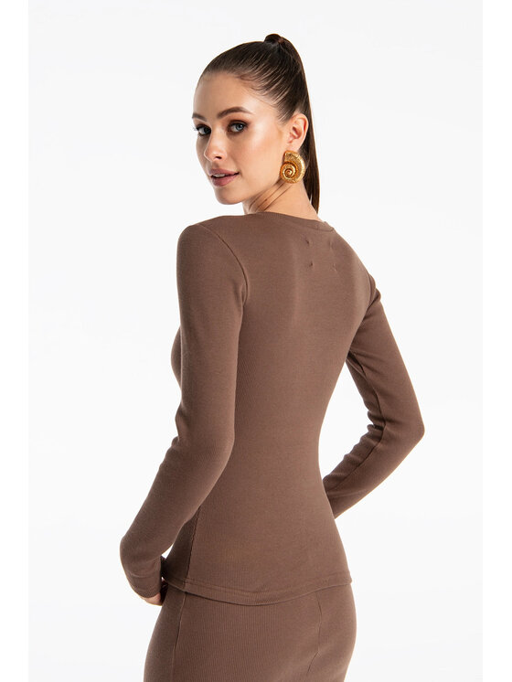 Nudyess Nudyess Bluzka bawełniana Eos z prążka Brązowy Regular Fit