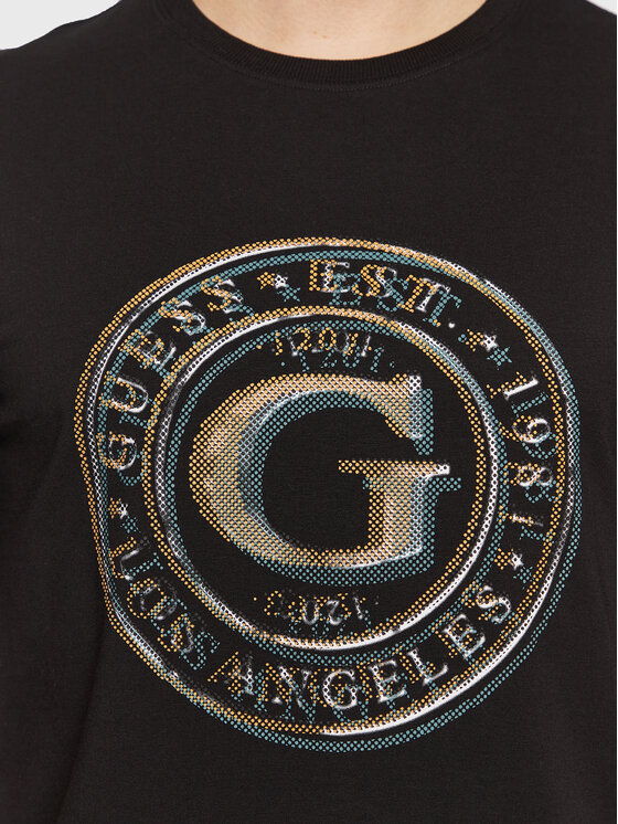Guess Guess T-krekls Round Logo M3GI11 J1314 Melns Slim Fit