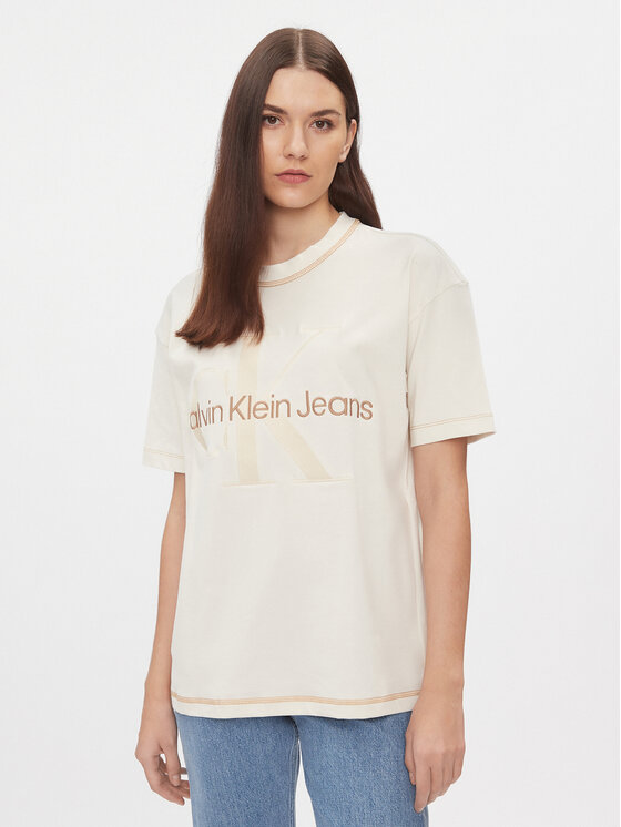 Calvin Klein Jeans Tričko Hero Monologo J20J222974 Écru Boyfriend Fit