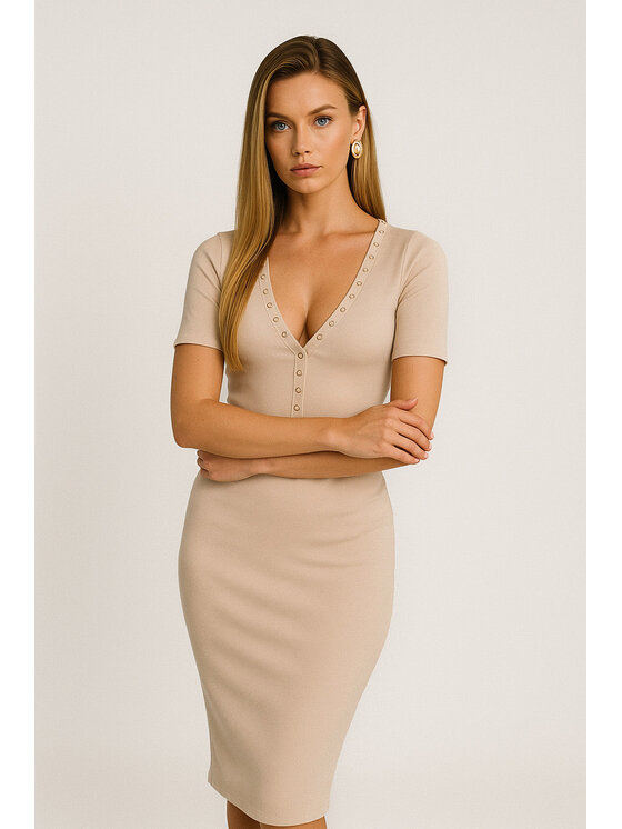 Nudyess Nudyess Vestito di maglia Fiori midi z prążka Beige Fitted Fit