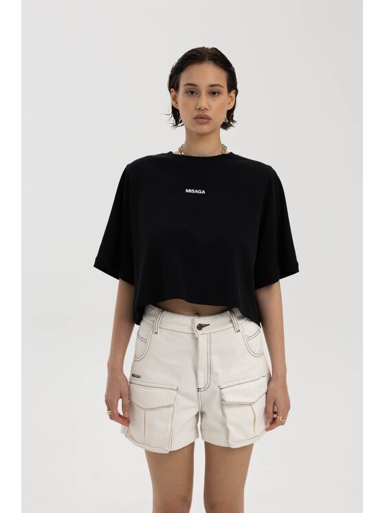 Misaga Misaga T-Shirt Brunch Crop T-Shirt Czarny Relaxed Fit