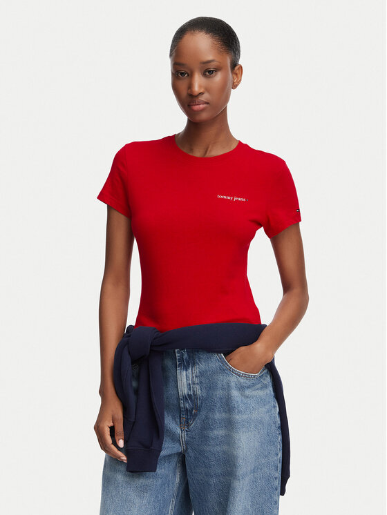 Tommy Jeans Tricou Ess Logo DW0DW23479 Roșu închis Slim Fit