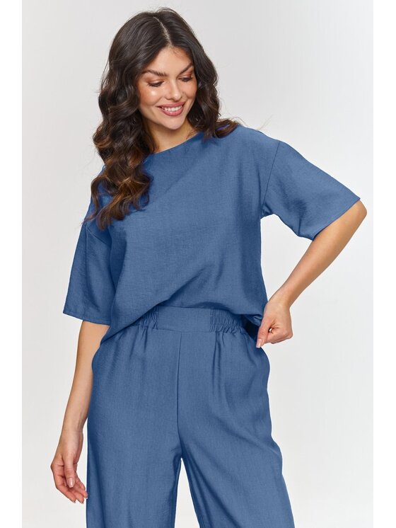 Makadamia Makadamia Komplet bluzka i spodnie m881 Niebieski Loose Fit