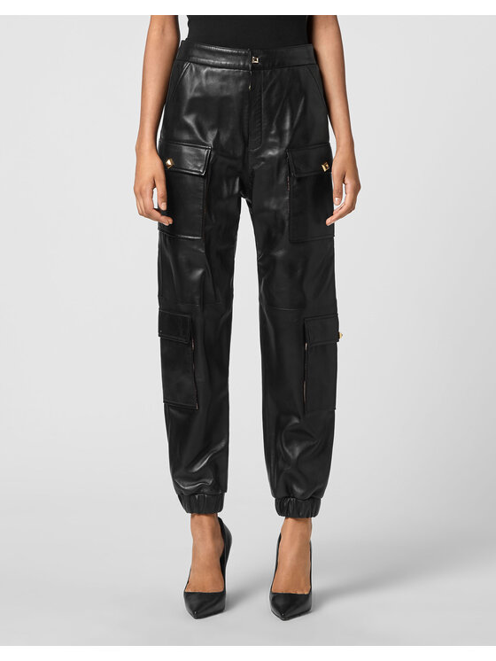 PHILIPP PLEIN PHILIPP PLEIN Kožené kalhoty 4767 Černá Jegging Fit