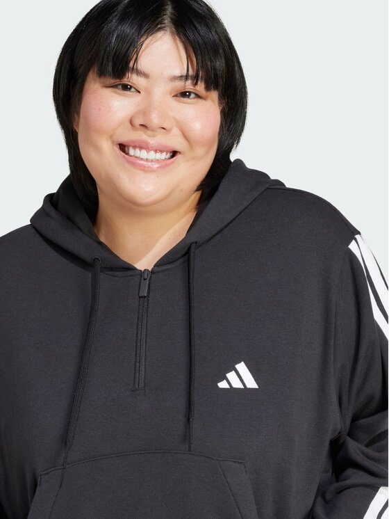 adidas adidas Bluza Essentials 3-Stripes French Terry Quarter-Zip Hoodie (Plus Size) Czarny Loose Fit