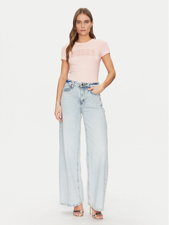 Guess Guess Marškinėliai W5GI04 J1314 Rožinė Slim Fit