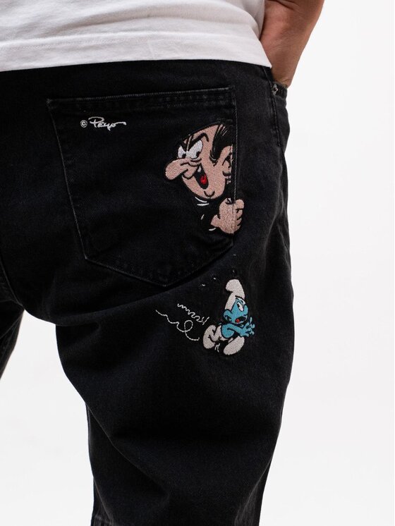 Smerfy Smerfy Szorty jeansowe Krótkie Spodenki Szerokie Luźne Gargamel Pocket M Czarny Baggy Fit