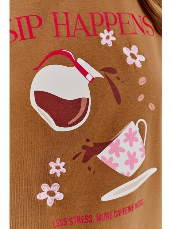 NAOKO NAOKO Tričko Sip Happens Hnedá Regular Fit