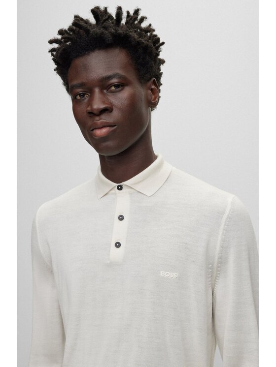 BOSS Boss Polo Boss Polo bianca in lana maniche lunghe Bianco Reglan Fit