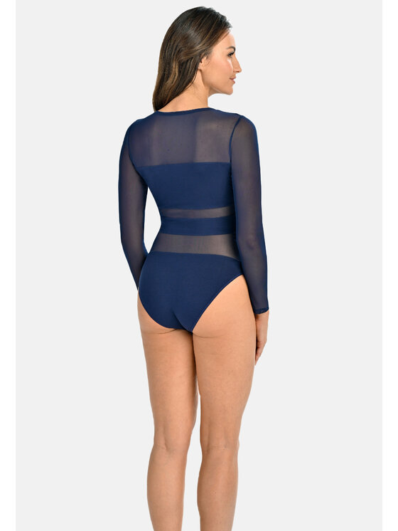 Teyli Teyli Body z wiskozy z siateczką Stripy Niebieski Regular Fit