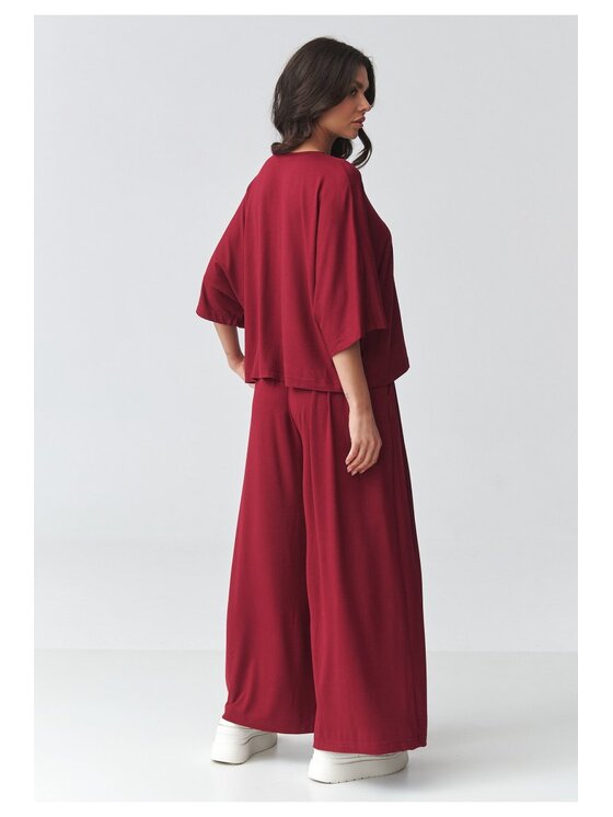 Makadamia Makadamia Komplet bluzka i spodnie M926 Bordowy Loose Fit