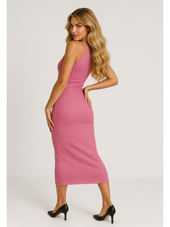 Nudyess Nudyess Letné šaty Louisiana midi z prążka Ružová Fitted Fit