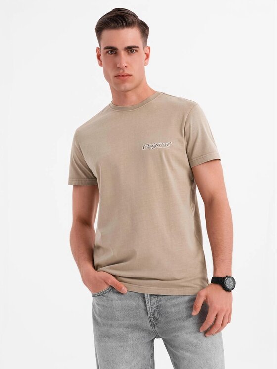 Ombre Ombre T-Shirt OM-TSWT-0201 Beżowy Regular Fit