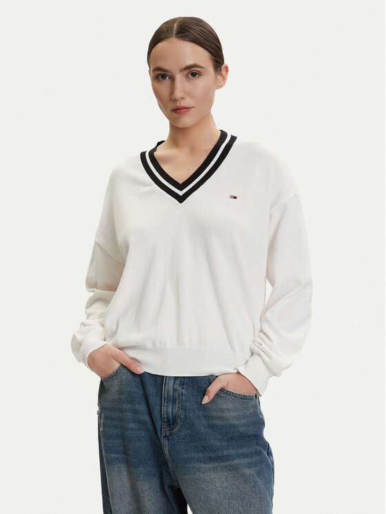 Tommy Jeans Pulover DW0DW22778 Alb Regular Fit