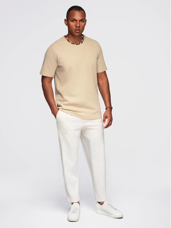 Ombre Ombre T-Shirt OM-TSCT-0197 Beżowy Regular Fit