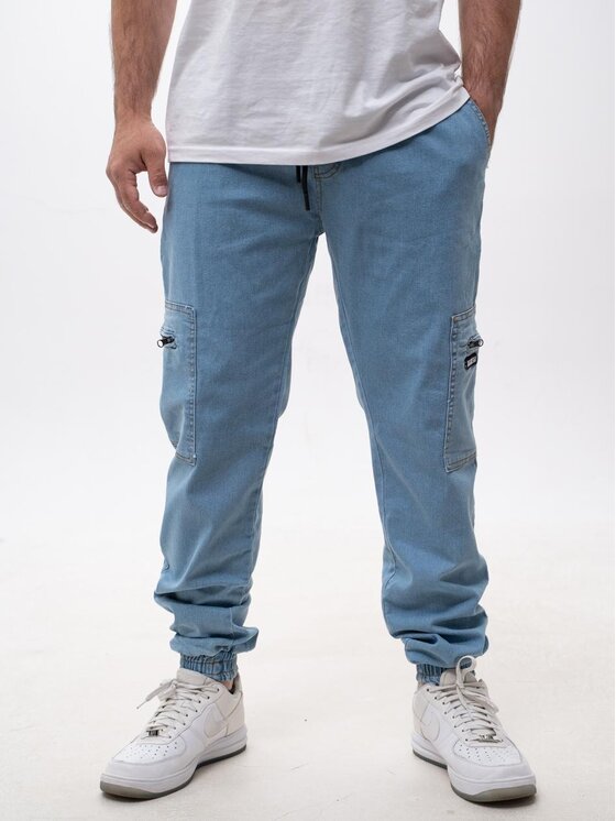 Jigga Wear Jigga Wear Jeansy Spodnie Jeansowe Jogger Bojówki Męskie Jasne Niebieskie Jigga Wear Stripe Zip Cargo L Niebieski Regular Fit