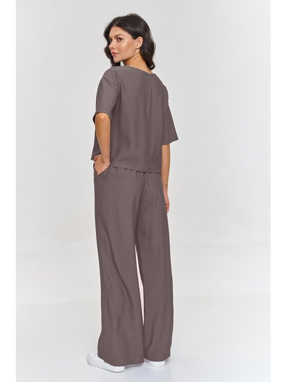 Makadamia Makadamia Komplet bluzka i spodnie M945 Brązowy Loose Fit