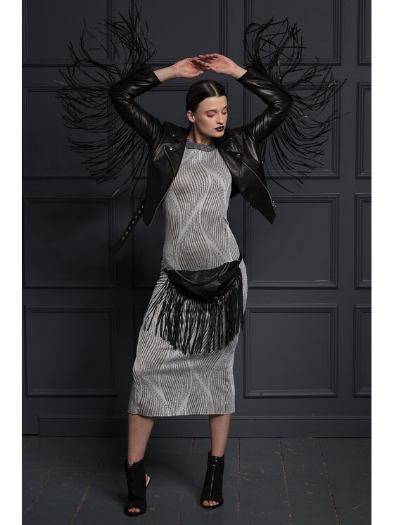 Mimika Mimika Kurtka skórzana Empire Ramoneska basic z odpinanymi frędzlami Czarny Regular Fit