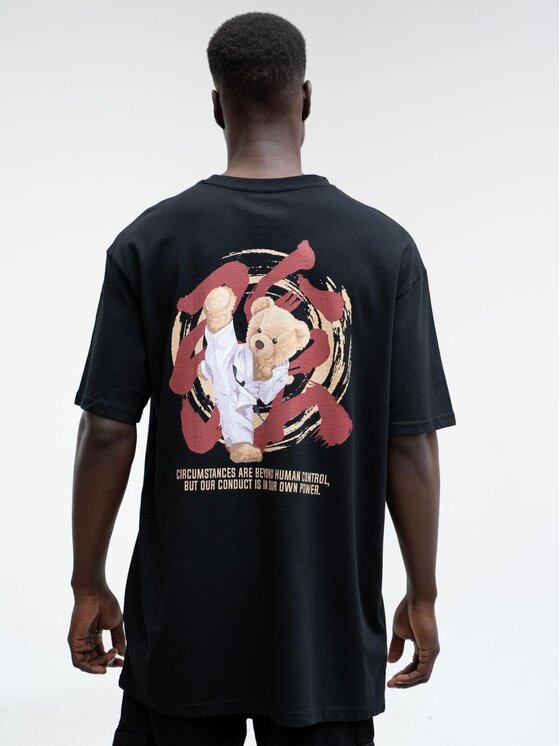 MyStars MyStars T-Shirt Koszulka Z Krótkim Rękawem Oversize Męska Czarna MyStars Kung Fu Bear XL Czarny Oversize