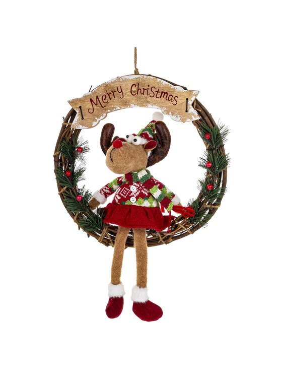 MIAhome MIAhome Figurka dekoracja renifer w kole w czerwonym ubranku 47x33x10 cm Kolorowy