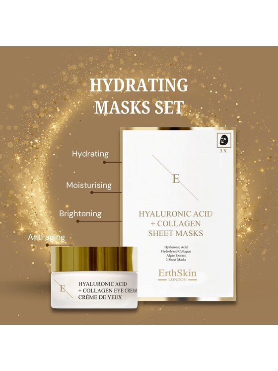 Erthskin London Erthskin London Maska Kwas Hialuronowy i Kolagen - 3 arkusze + Kwas Hialuronowy + Krem pod Oczy Kolagen Pro Age 30ml Maska do twarzy