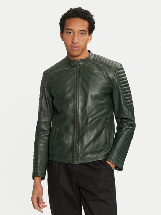 Serge Pariente Serge Pariente Geacă de piele Leman 2 Verde Slim Fit