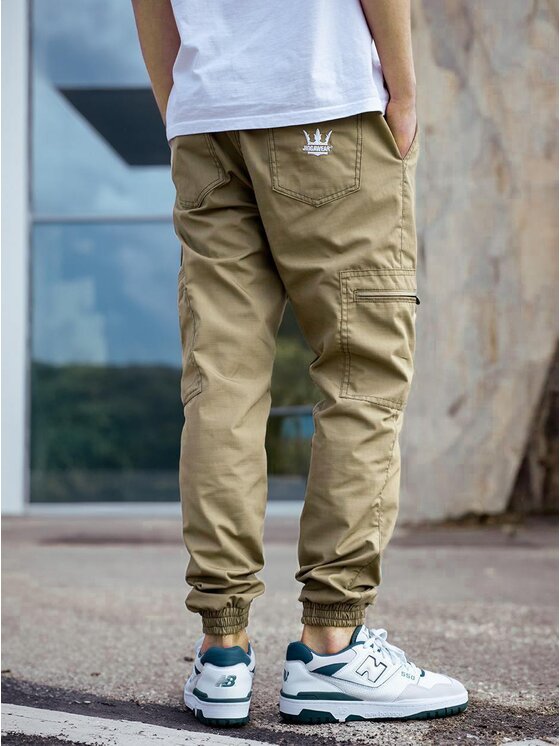 Jigga Wear Jigga Wear Spodnie cargo Spodnie Materiałowe Jogger Bojówki Ze Ściągaczem Jasne Beżowe Jigga Wear Crown Ripstop Cargo 6XL Beżowy Regular Fit