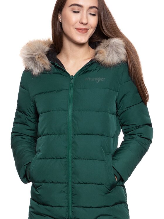 Wrangler Wrangler Kurtka damska LONG PUFFER Zielony Slim Fit