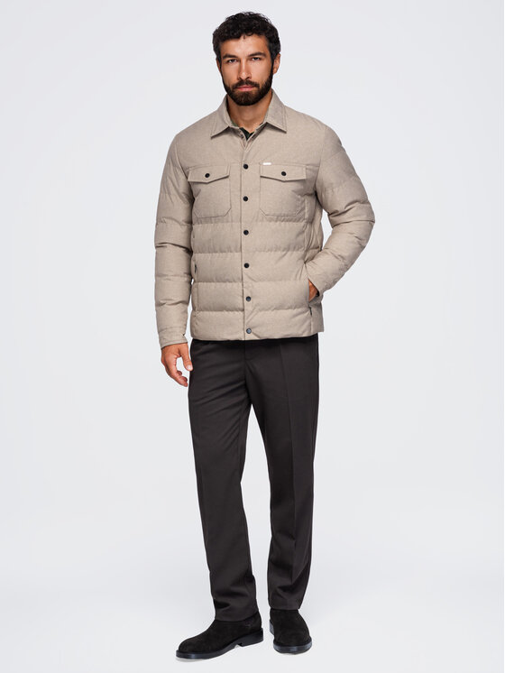 Ombre Ombre Kurtka koszulowa OM-JALP-0256 Beżowy Regular Fit