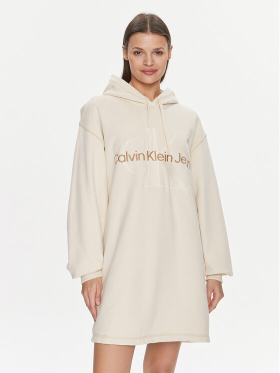 Calvin Klein Jeans Kleid fur den Alltag Hero Monologo Hoodie Dress J20J223245 Ecru Relaxed Fit Modivo