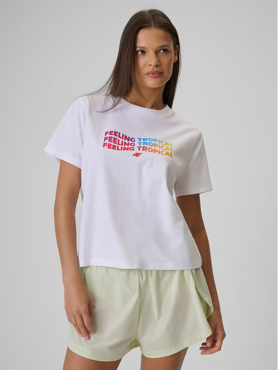 4F 4F T-Shirt BEACHWEAR Biały Boxy Fit