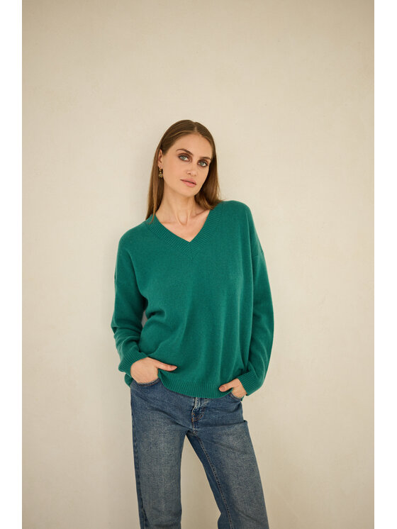 Entelier Entelier Sweter kaszmir dekolt w serek Zielony Relaxed Fit