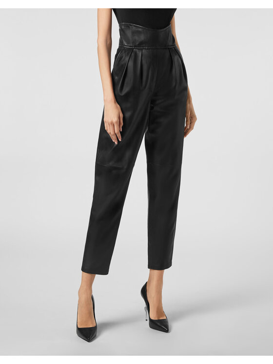 PHILIPP PLEIN PHILIPP PLEIN Spodnie skórzane 5463 Czarny Long Fit