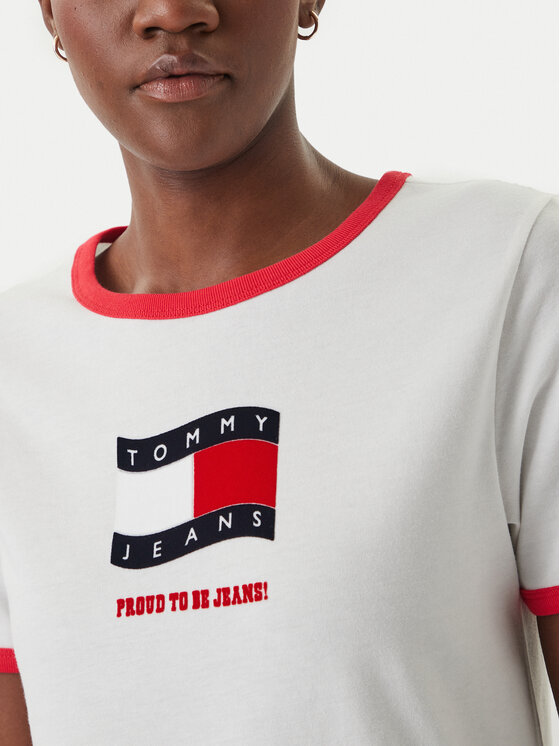 Tommy Jeans Tommy Jeans Tricou Wavy Flag Contrast Ringer DW0DW22306 Alb Regular Fit