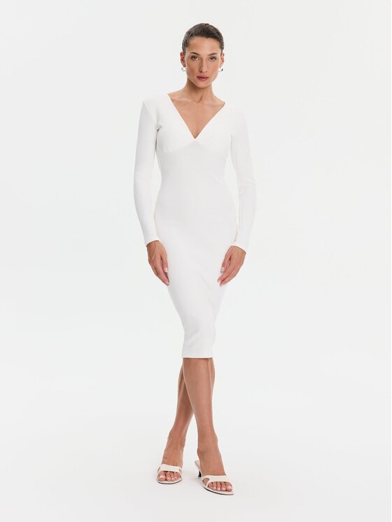 Nudyess Nudyess Sukienka codzienna Carla z prążka Kremowy Slim Fit