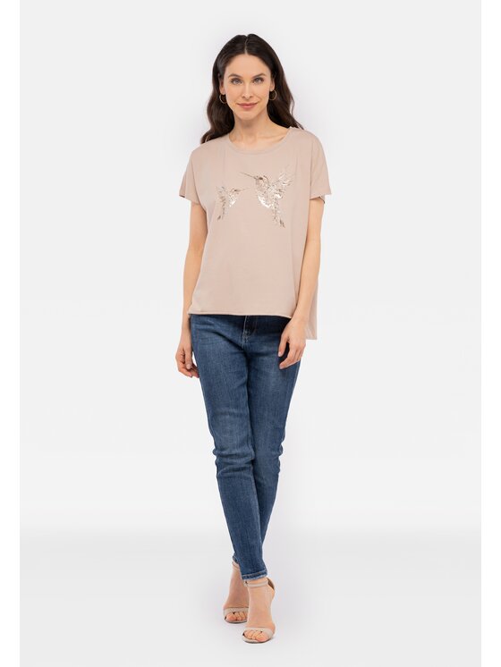 Perso Perso T-Shirt z błyszczącym nadrukiem Beżowy Regular Fit