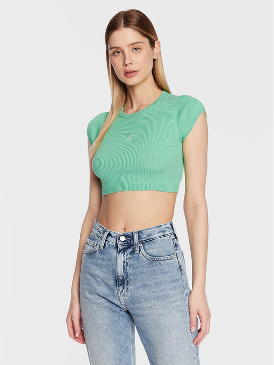 Calvin Klein Jeans Bluza J20J220709 Zelena Cropped Fit