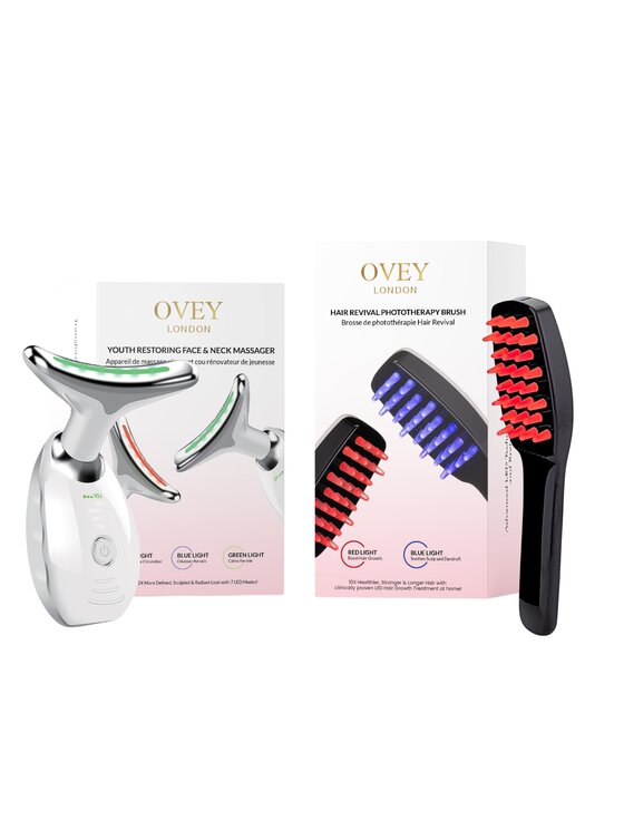 OVEY London OVEY London Masażer do twarzy i szyi przywracający młodość + szczoteczka do fototerapii rewitalizującej włosy Zestaw do pielęgnacji skóry